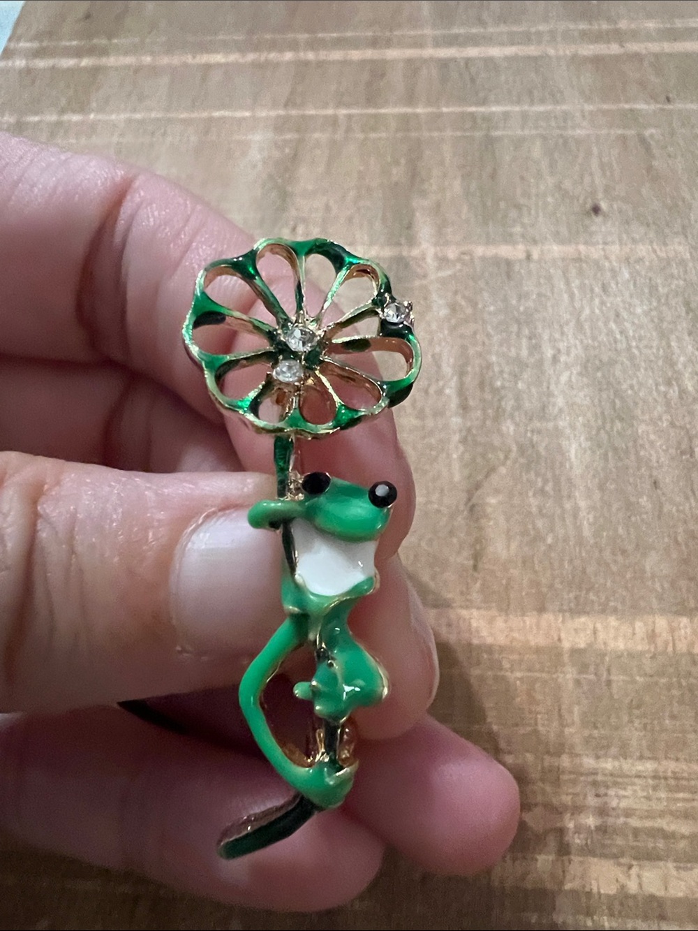 3/$18 Green Enamel Frog Brooch with Floral Accent Lot 376